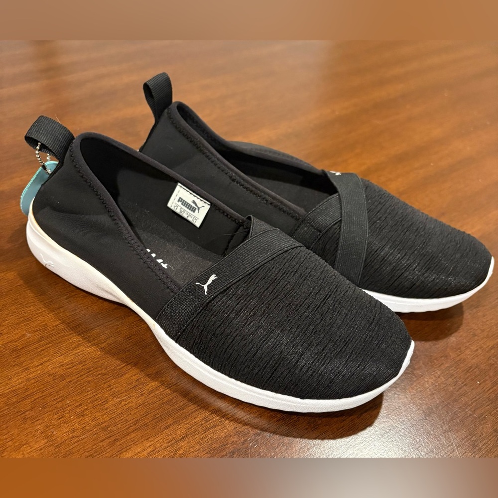 PUMA Adelina Ballerina Black and White Slip-On Lightweight Breathable Sneakers